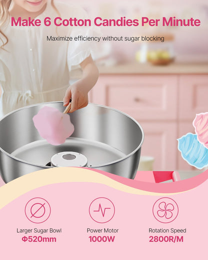 Electric Cotton Candy Machine with Cart, 1000W Commercial Candy Floss Maker with 52cm in Stainless Steel Bowl, Sugar Scoop, and Drawer, Easy to Use, for Home, Kids Birthday, Family Party, Pink