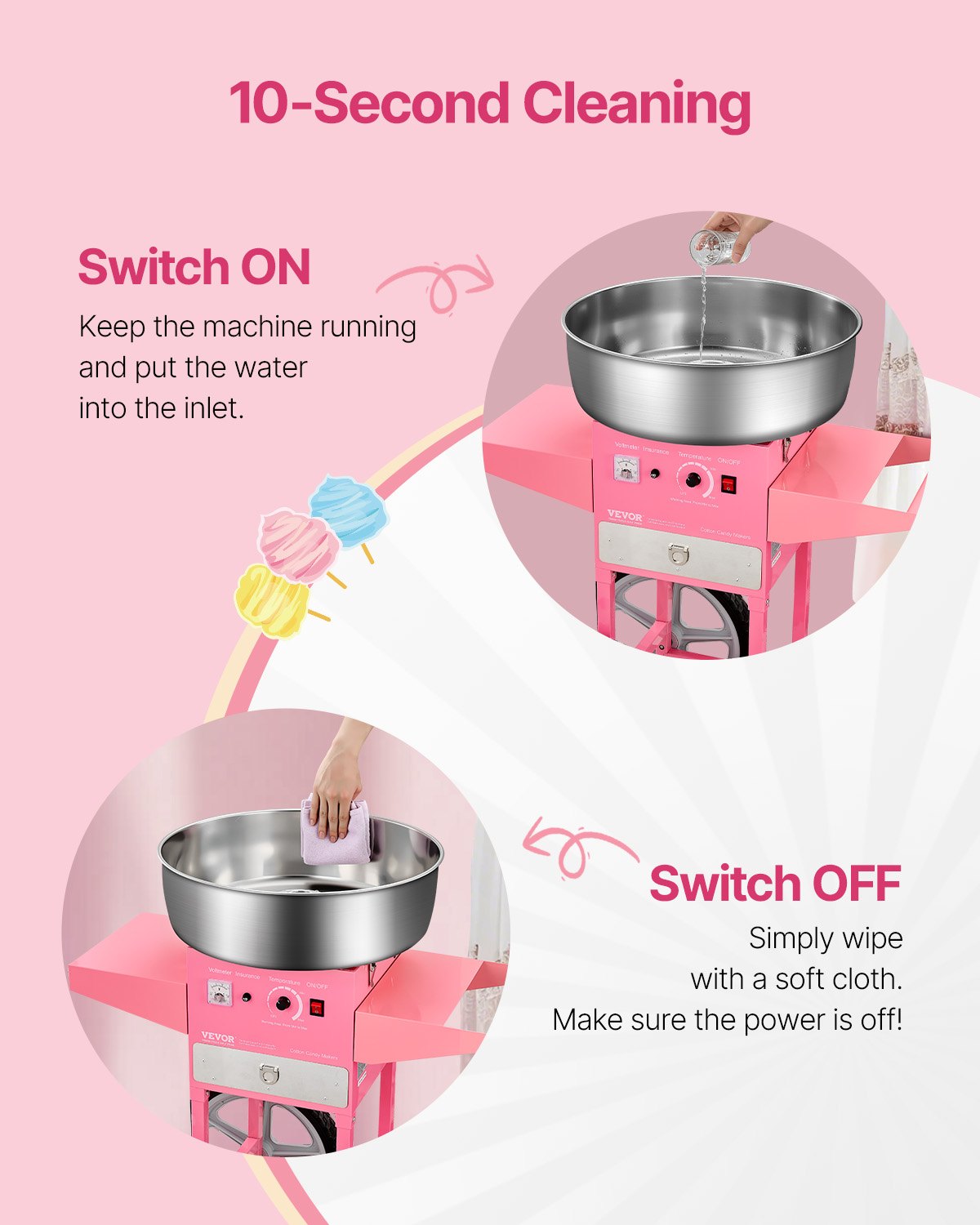Electric Cotton Candy Machine with Cart, 1000W Commercial Candy Floss Maker with 52cm in Stainless Steel Bowl, Sugar Scoop, and Drawer, Easy to Use, for Home, Kids Birthday, Family Party, Pink