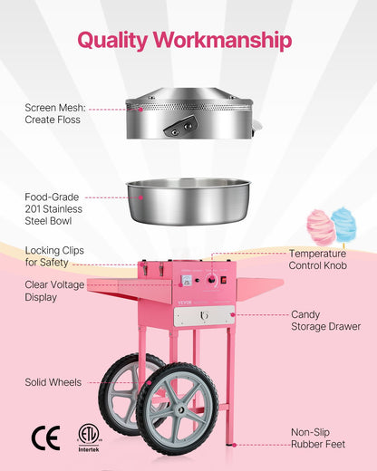 Electric Cotton Candy Machine with Cart, 1000W Commercial Candy Floss Maker with 52cm in Stainless Steel Bowl, Sugar Scoop, and Drawer, Easy to Use, for Home, Kids Birthday, Family Party, Pink