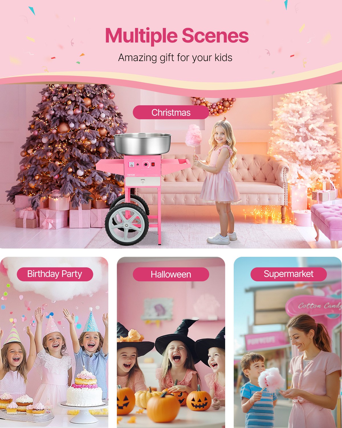 Electric Cotton Candy Machine with Cart, 1000W Commercial Candy Floss Maker with 52cm in Stainless Steel Bowl, Sugar Scoop, and Drawer, Easy to Use, for Home, Kids Birthday, Family Party, Pink