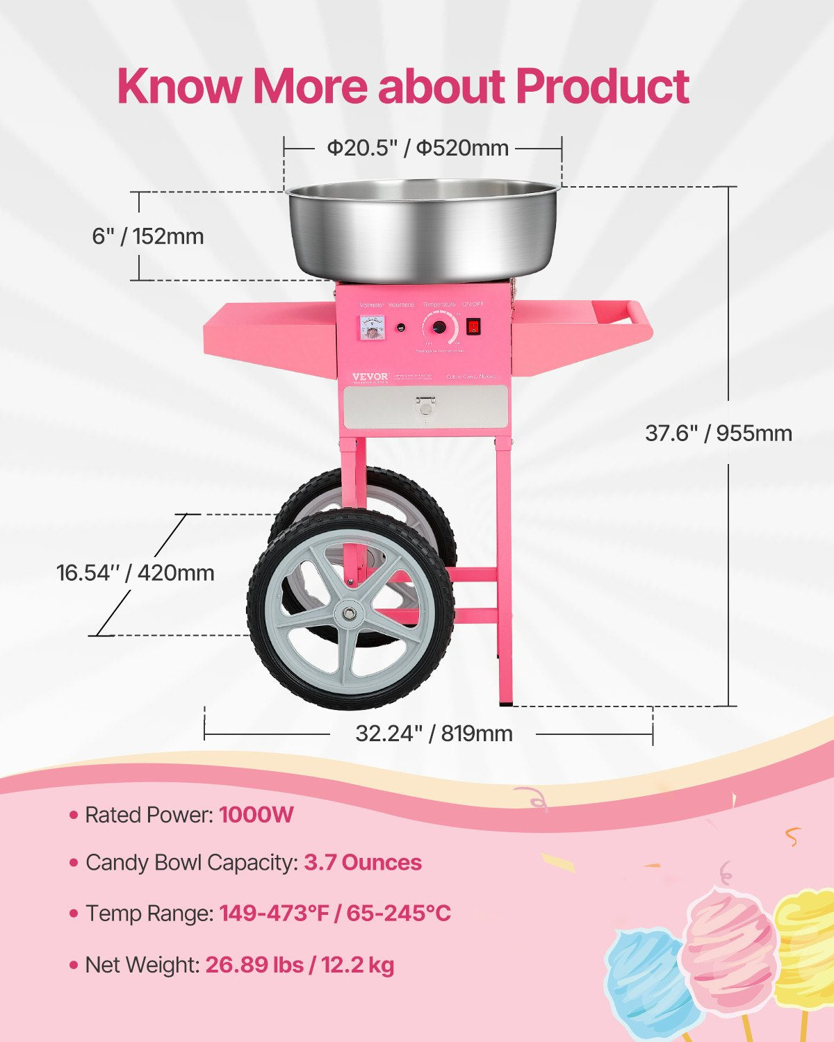 Electric Cotton Candy Machine with Cart, 1000W Commercial Candy Floss Maker with 52cm in Stainless Steel Bowl, Sugar Scoop, and Drawer, Easy to Use, for Home, Kids Birthday, Family Party, Pink