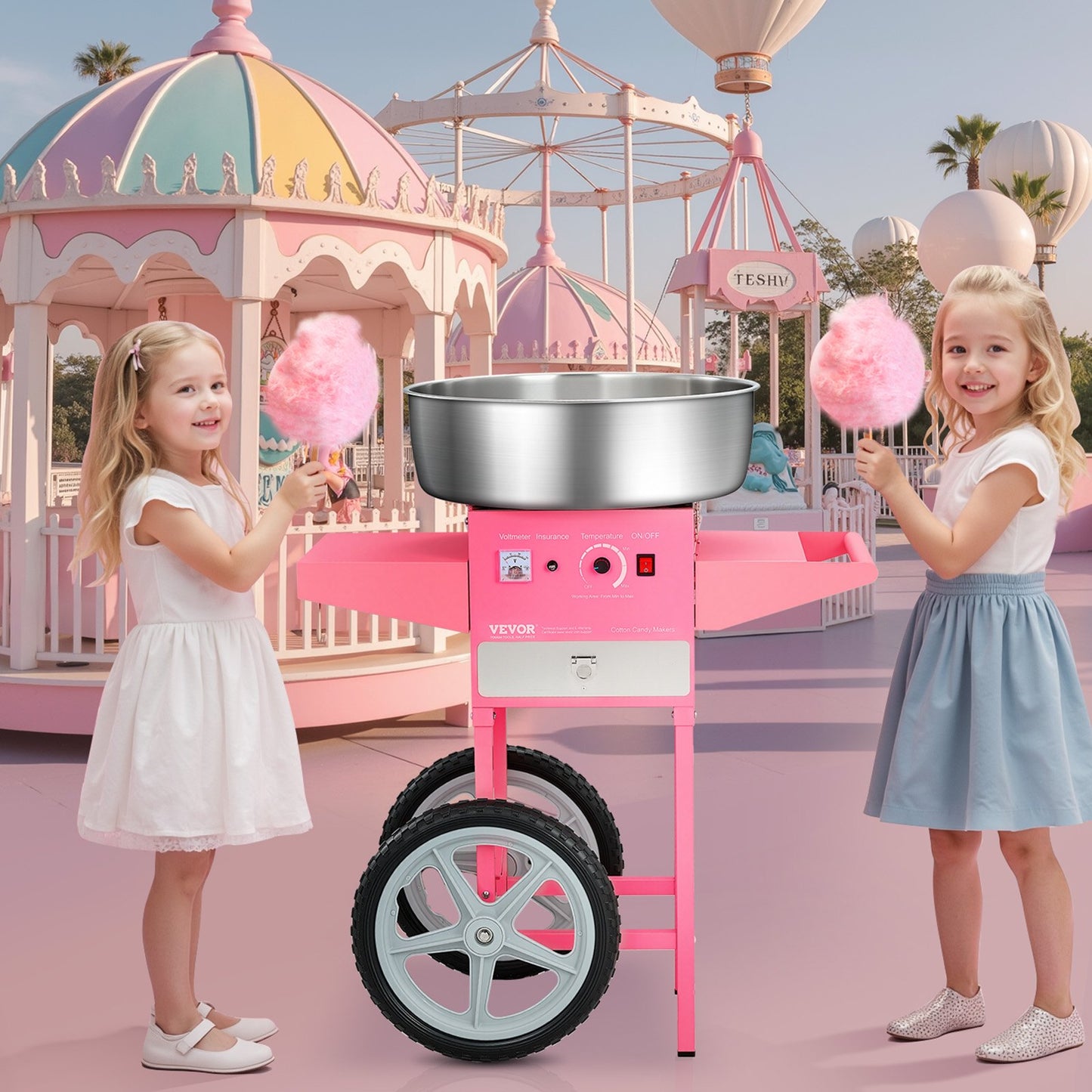 Electric Cotton Candy Machine with Cart, 1000W Commercial Candy Floss Maker with 52cm in Stainless Steel Bowl, Sugar Scoop, and Drawer, Easy to Use, for Home, Kids Birthday, Family Party, Pink