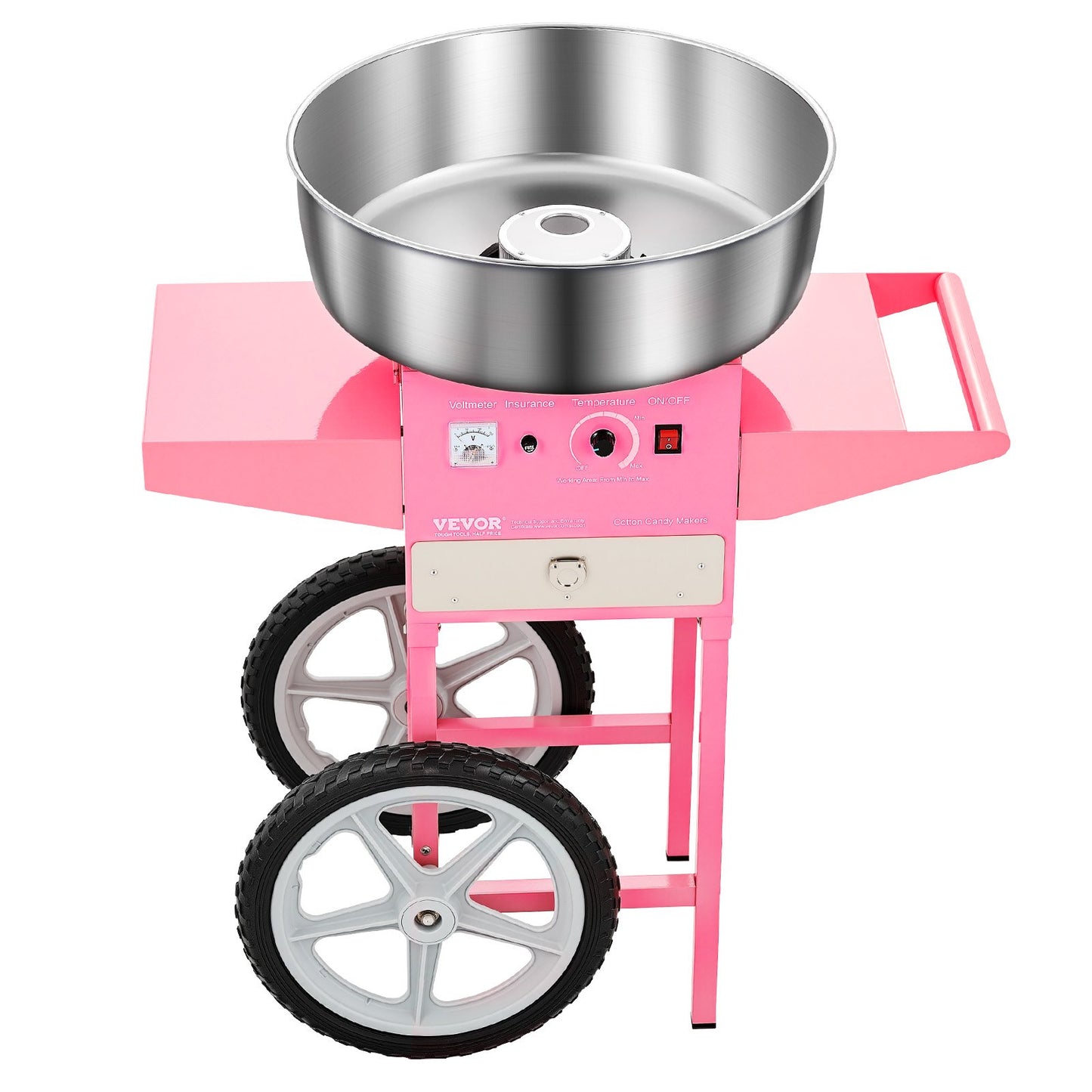 Electric Cotton Candy Machine with Cart, 1000W Commercial Candy Floss Maker with 52cm in Stainless Steel Bowl, Sugar Scoop, and Drawer, Easy to Use, for Home, Kids Birthday, Family Party, Pink