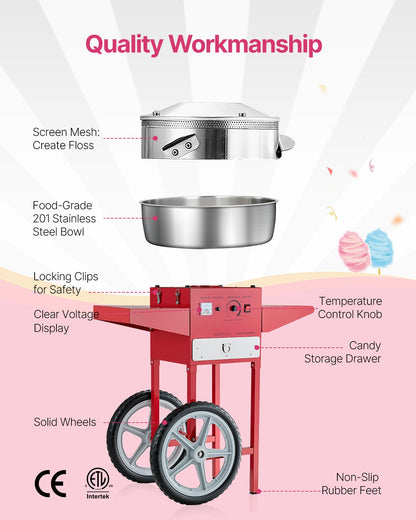 Electric Cotton Candy Machine with Cart, 1000W Commercial Candy Floss Maker with 52cm Stainless Steel Bowl, Sugar Scoop, and Drawer, Easy to Use, for Home, Kids Birthday, Family Party, Red
