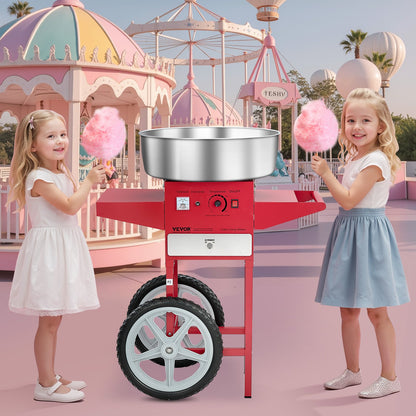 Electric Cotton Candy Machine with Cart, 1000W Commercial Candy Floss Maker with 52cm Stainless Steel Bowl, Sugar Scoop, and Drawer, Easy to Use, for Home, Kids Birthday, Family Party, Red