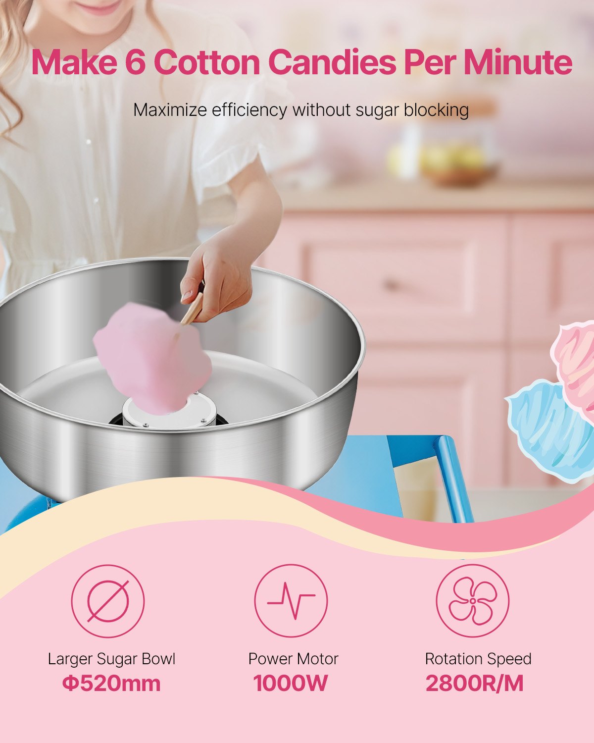 Electric Cotton Candy Machine with Cart, 1000W Commercial Candy Floss Maker with 52cm Stainless Steel Bowl, Sugar Scoop, and Drawer, Easy to Use, for Home, Kids Birthday, Family Party, Blue