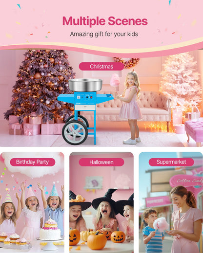 Electric Cotton Candy Machine with Cart, 1000W Commercial Candy Floss Maker with 52cm Stainless Steel Bowl, Sugar Scoop, and Drawer, Easy to Use, for Home, Kids Birthday, Family Party, Blue