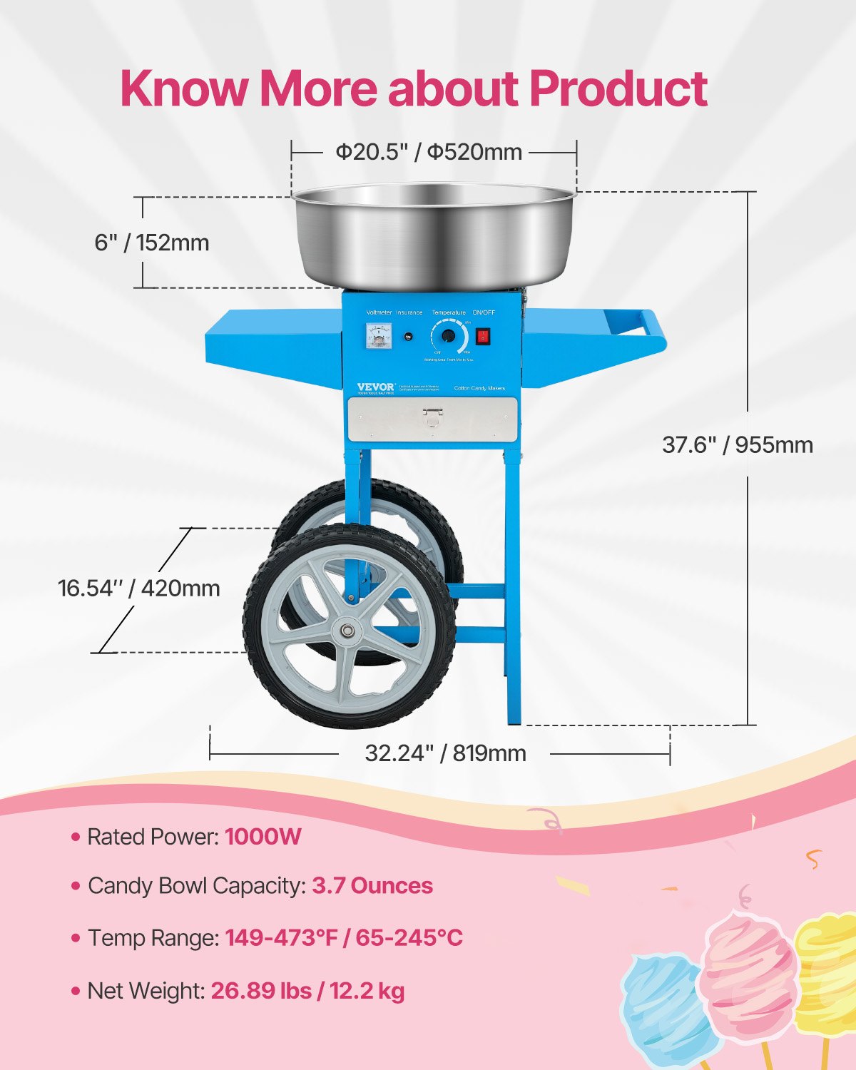Electric Cotton Candy Machine with Cart, 1000W Commercial Candy Floss Maker with 52cm Stainless Steel Bowl, Sugar Scoop, and Drawer, Easy to Use, for Home, Kids Birthday, Family Party, Blue