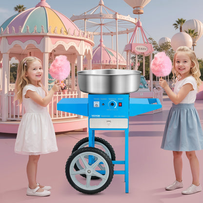 Electric Cotton Candy Machine with Cart, 1000W Commercial Candy Floss Maker with 52cm Stainless Steel Bowl, Sugar Scoop, and Drawer, Easy to Use, for Home, Kids Birthday, Family Party, Blue