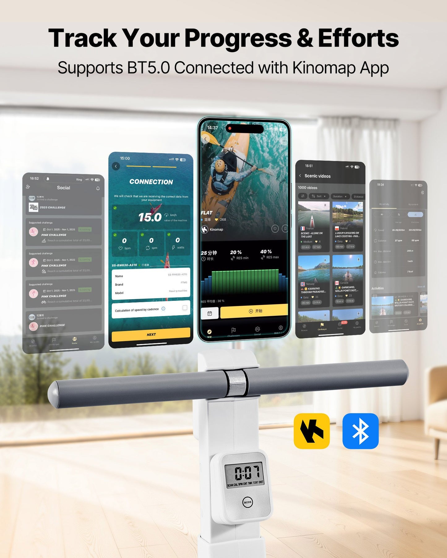 Magnetisk roddmaskin, 16-nivåers tyst motstånd, justerbar, hopfällbar roddmaskin för hemmabruk, 158 kg viktkapacitet, roddmaskiner med dubbel glidskena, Bluetooth-appkompatibel och LCD-skärm