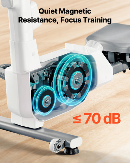 Magnetisk roddmaskin, 16-nivåers tyst motstånd, justerbar, hopfällbar roddmaskin för hemmabruk, 158 kg viktkapacitet, roddmaskiner med dubbel glidskena, Bluetooth-appkompatibel och LCD-skärm
