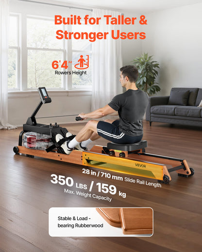 Water Rowing Machine, 6-Level Quiet Resistance, Wooden Foldable Rower Machine with 14L Water Tank & LCD Monitor, Bluetooth App Compatible, 158kg Weight Capacity, Immersive Row Machines for Home
