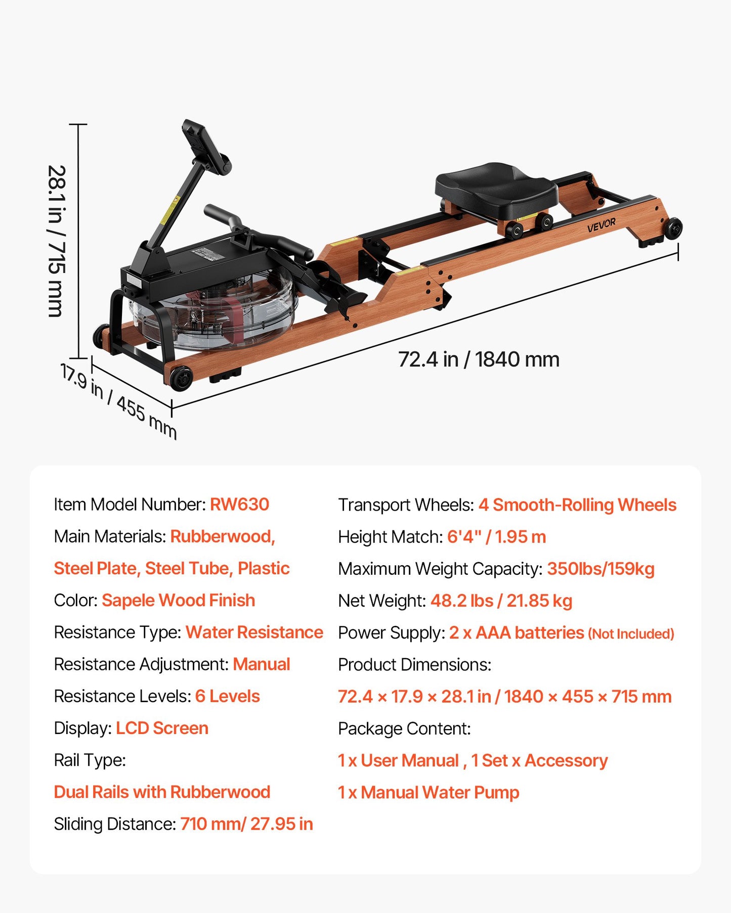 Water Rowing Machine, 6-Level Quiet Resistance, Wooden Foldable Rower Machine with 14L Water Tank & LCD Monitor, Bluetooth App Compatible, 158kg Weight Capacity, Immersive Row Machines for Home