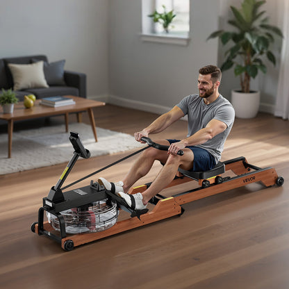 Water Rowing Machine, 6-Level Quiet Resistance, Wooden Foldable Rower Machine with 14L Water Tank & LCD Monitor, Bluetooth App Compatible, 158kg Weight Capacity, Immersive Row Machines for Home