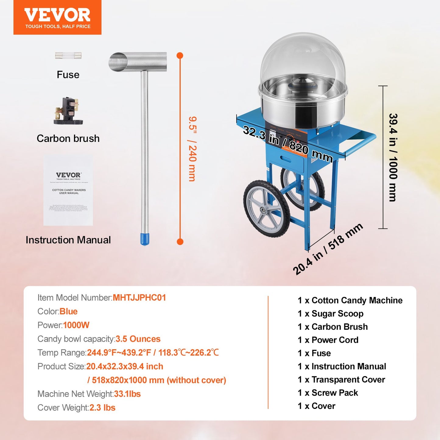 Electric Cotton Candy Machine with Cart, 1000W Commercial Candy Floss Maker with Cover, Stainless Steel Bowl, Sugar Scoop and Drawer, Perfect for Home, Kids Birthday, Family Party, Blue