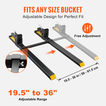 Pallet Forks, 907.2kg Clamp on Pallet Forks, 109.2cm Total Length Heavy Duty Pallet Forks with Adjustable Stabilizer Bar, Tractor Bucket Forks for Tractor Attachments, Skid Steer, Loader Bucket