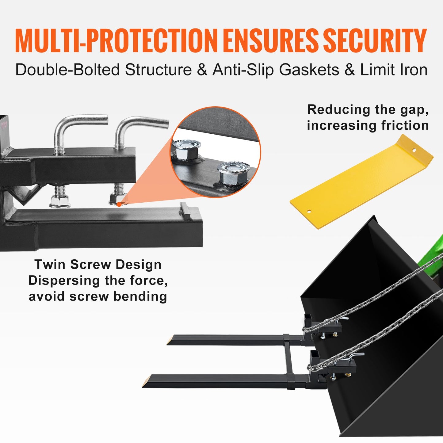 Pallet Forks, 907.2kg Clamp on Pallet Forks, 109.2cm Total Length Heavy Duty Pallet Forks with Adjustable Stabilizer Bar, Tractor Bucket Forks for Tractor Attachments, Skid Steer, Loader Bucket