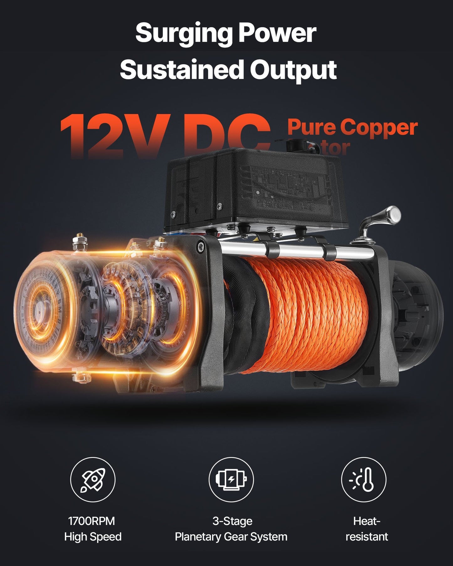 Elektrisk vinsch, 5400 kg lastkapacitet, 12V DC lastbilsvinsch med Φ9,1 mm x 23 m syntetiskt rep, trådlös och trådbunden fjärrkontroll, IP55 vattentät för bogsering av terränggående SUV, jeep, släpvagn, båt