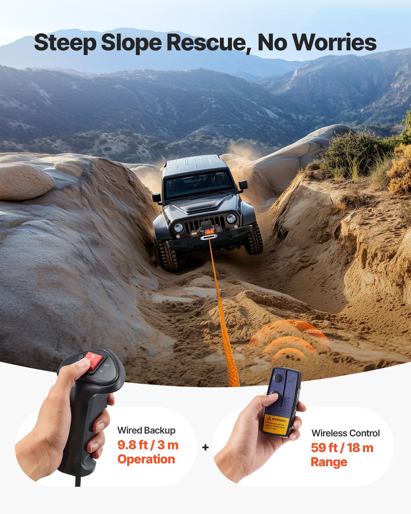 Elektrisk vinsch, 5400 kg lastkapacitet, 12V DC lastbilsvinsch med Φ9,1 mm x 23 m syntetiskt rep, trådlös och trådbunden fjärrkontroll, IP55 vattentät för bogsering av terränggående SUV, jeep, släpvagn, båt