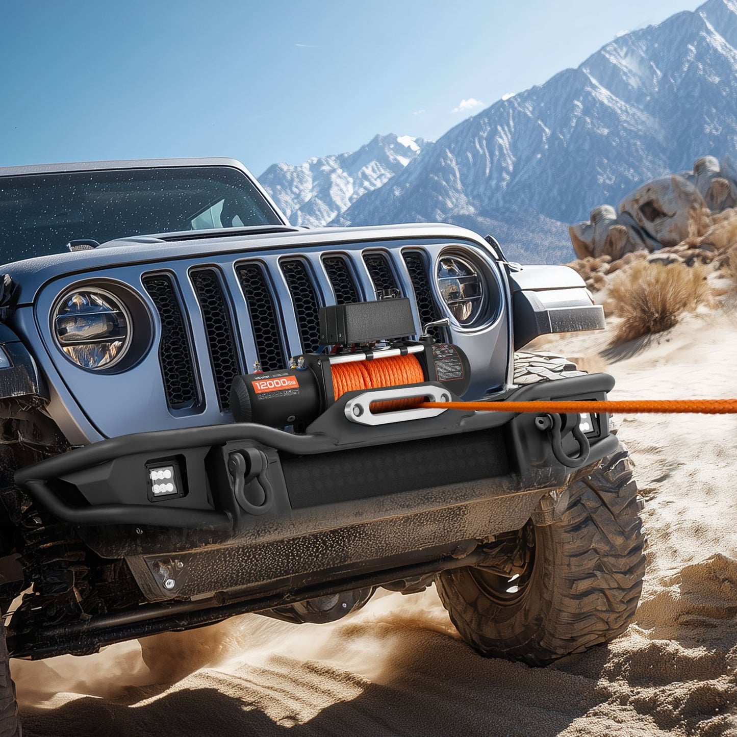 Elektrisk vinsch, 5400 kg lastkapacitet, 12V DC lastbilsvinsch med Φ9,1 mm x 23 m syntetiskt rep, trådlös och trådbunden fjärrkontroll, IP55 vattentät för bogsering av terränggående SUV, jeep, släpvagn, båt