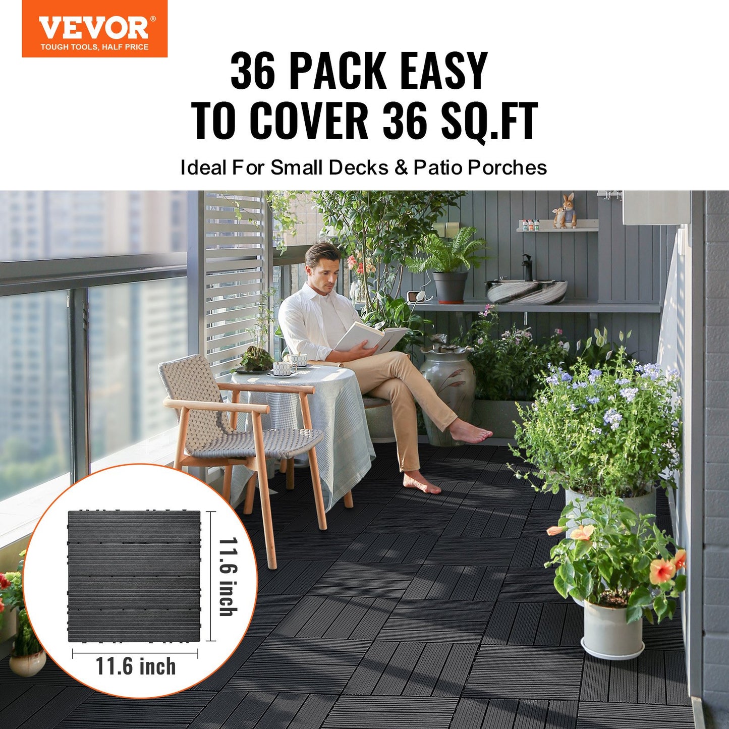 Interlocking Deck Tiles, 36 Pack,11.6"x11.6" 36 sq. ft Plastic Waterproof Outdoor Flooring All Weather Use, Patio Floor Decking Covering Tiles for Porch Poolside Balcony Backyard, Dark Grey