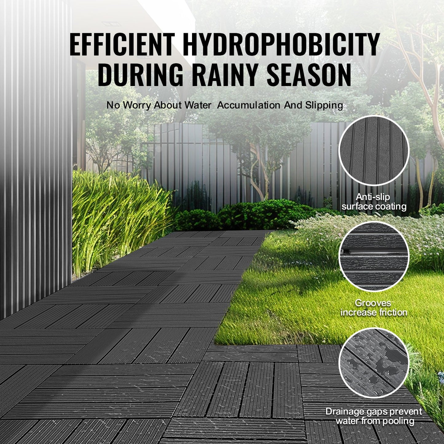 Interlocking Deck Tiles, 36 Pack,11.6"x11.6" 36 sq. ft Plastic Waterproof Outdoor Flooring All Weather Use, Patio Floor Decking Covering Tiles for Porch Poolside Balcony Backyard, Dark Grey