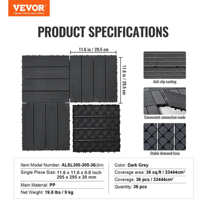 Interlocking Deck Tiles, 36 Pack,11.6"x11.6" 36 sq. ft Plastic Waterproof Outdoor Flooring All Weather Use, Patio Floor Decking Covering Tiles for Porch Poolside Balcony Backyard, Dark Grey