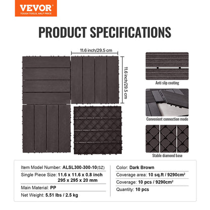 Interlocking Deck Tiles, 10 Pack,12"x12" 10 sq. ft Plastic Waterproof Outdoor Flooring All Weather Use, Patio Floor Decking Covering Tiles for Porch Poolside Balcony Backyard, Dark Brown
