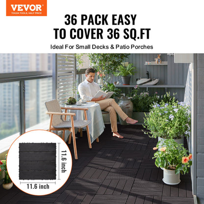 Interlocking Deck Tiles, 36 Pack,11.6"x11.6" 36 sq. ft Plastic Waterproof Outdoor Flooring All Weather Use, Patio Floor Decking Covering Tiles for Porch Poolside Balcony Backyard, Dark Brown