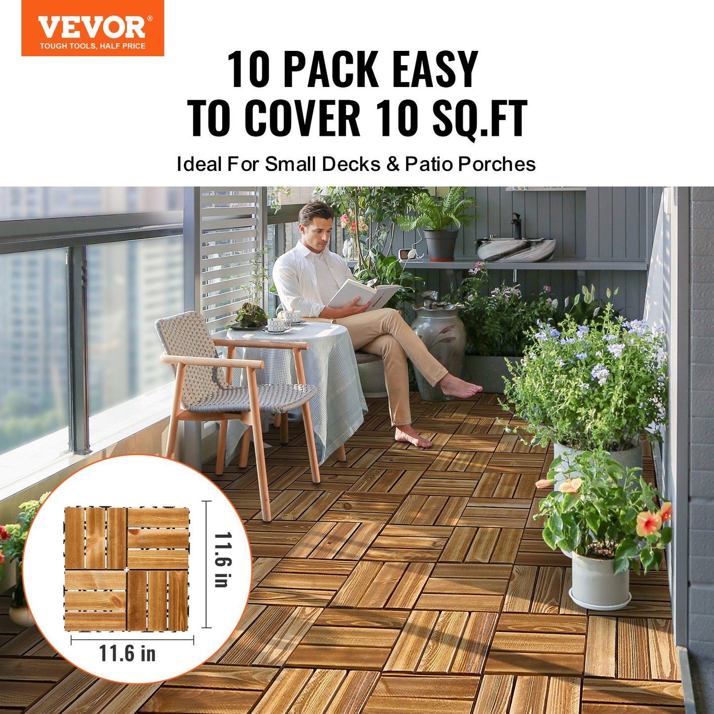 Interlocking Deck Tiles Solid Wood, 10 Pack,12"x12" Waterproof Camphor Pine Wood Flooring All Weather Use, Patio Floor Decking Covering Tiles for Porch Poolside Balcony Backyard, (Wooden)