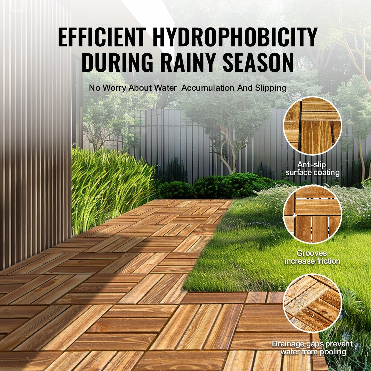 Interlocking Deck Tiles Solid Wood, 10 Pack,12"x12" Waterproof Camphor Pine Wood Flooring All Weather Use, Patio Floor Decking Covering Tiles for Porch Poolside Balcony Backyard, (Wooden)