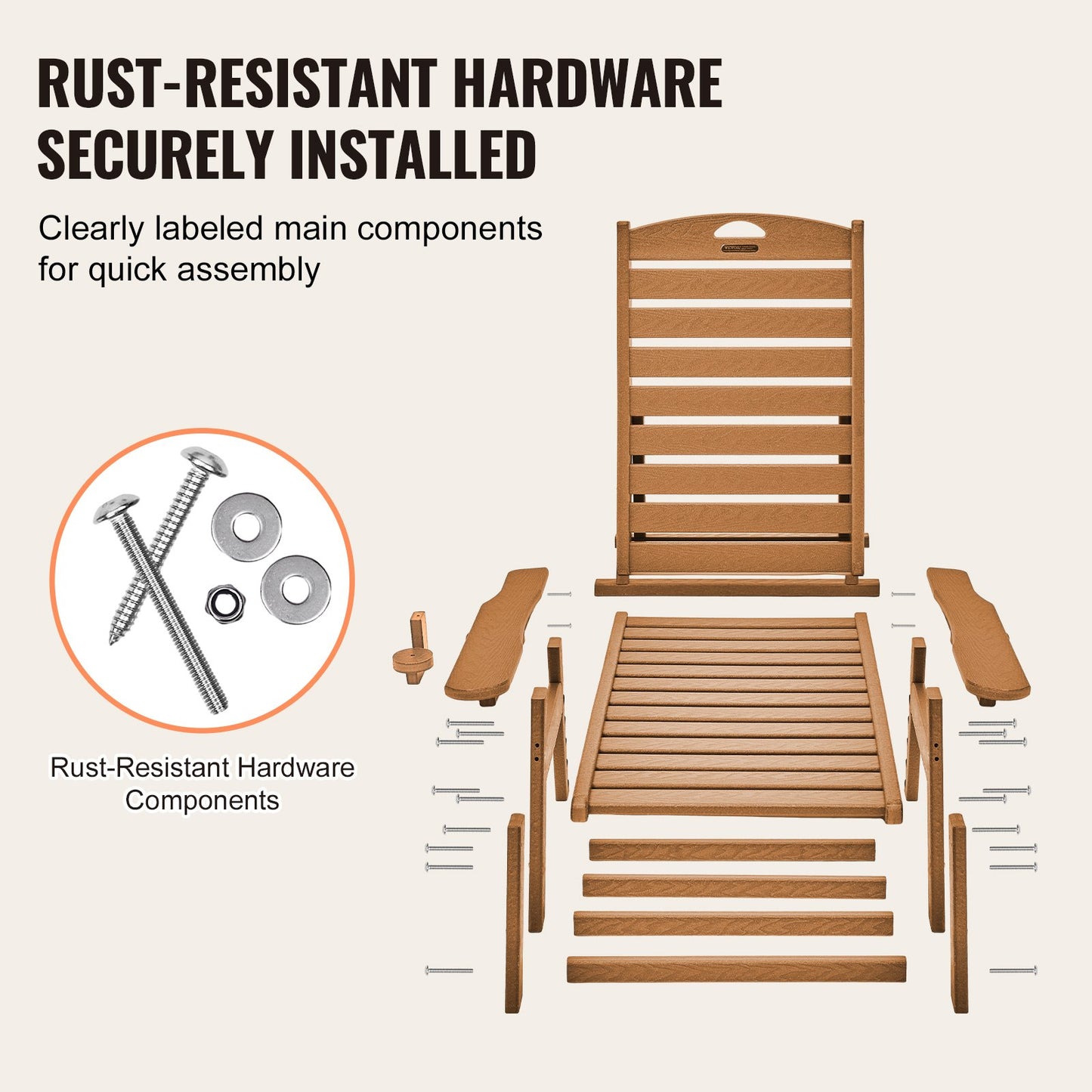 Schäslongfåtölj, 181 kg viktkapacitet, 6 positioner justerbar uteplatsloungestol, utomhus HDPE-loungestol med ryggstöd och mugghållare, för pool, pooldäck, bakgård, gräsmatta, brun