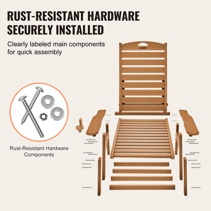 Schäslongfåtölj, 181 kg viktkapacitet, 6 positioner justerbar uteplatsloungestol, utomhus HDPE-loungestol med ryggstöd och mugghållare, för pool, pooldäck, bakgård, gräsmatta, brun