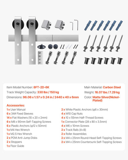 8FT Sliding Barn Door Hardware Kit, 330 LBS Weight Capacity, Compatible with 42 to 48 Inches Width & 1-3/8 to 1-3/4 Inches Thickness Single Sliding Barn Door, Durable Track & J-shape Roller