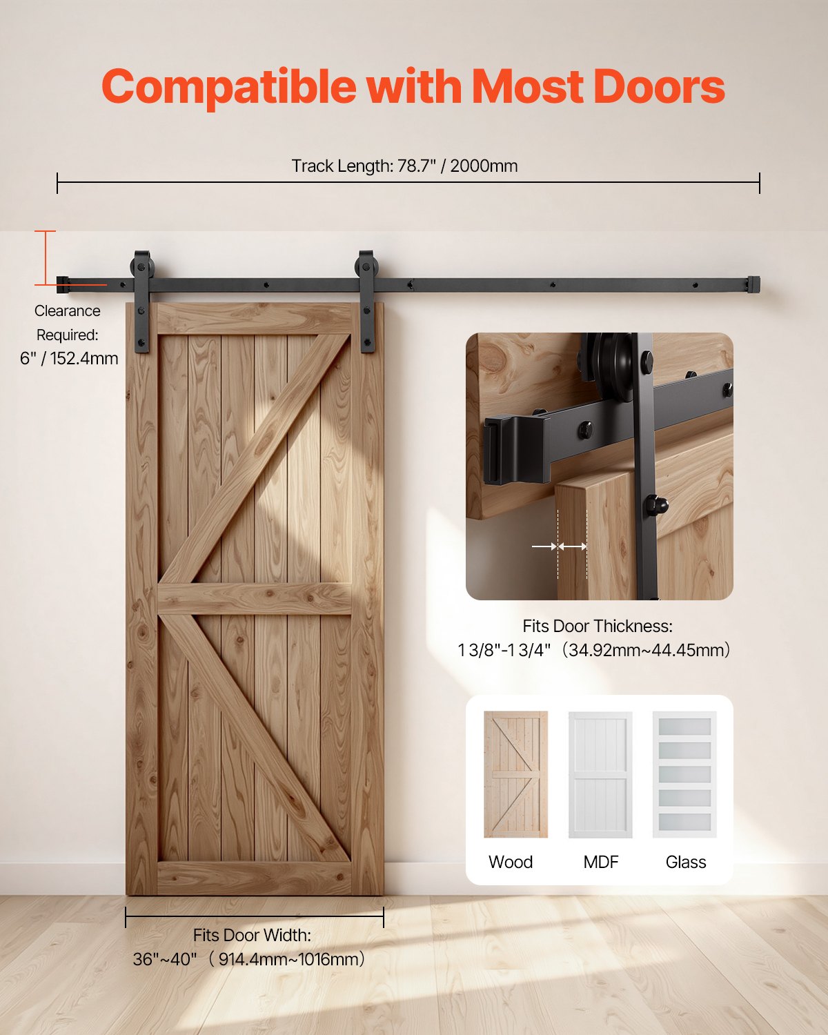 6.6FT Sliding Barn Door Hardware Kit, 330 LBS Weight Capacity, Compatible with 36-40 Inches Width & 1-3/8 to 1-3/4 Inches Thickness Single Sliding Barn Door, Durable Track & J-shape Roller Black