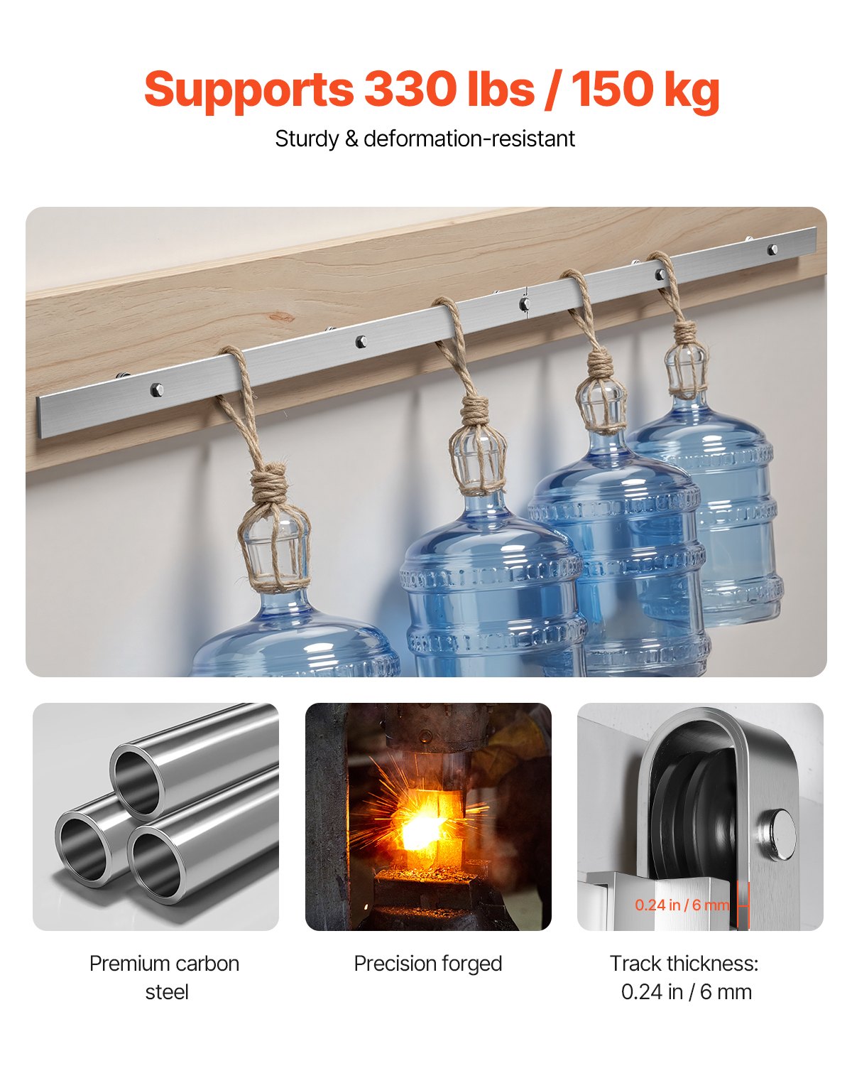 6FT Sliding Barn Door Hardware Kit, 330 LBS Weight Capacity, Compatible with 36 Inches Max Width & 1-3/8 to 1-3/4 Inches Thickness Single Sliding Barn Door, Durable Track & J-shape Roller Silver