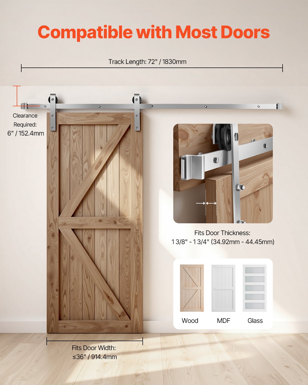 6FT Sliding Barn Door Hardware Kit, 330 LBS Weight Capacity, Compatible with 36 Inches Max Width & 1-3/8 to 1-3/4 Inches Thickness Single Sliding Barn Door, Durable Track & J-shape Roller Silver