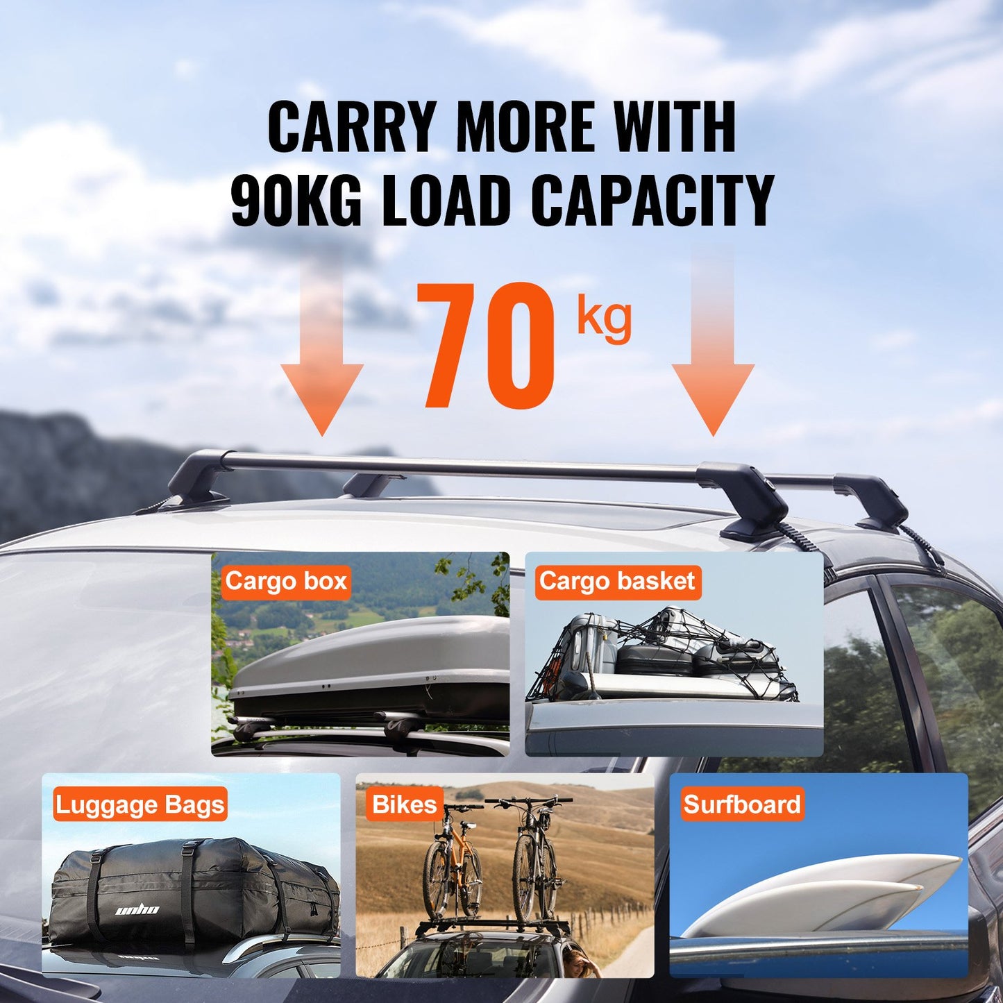 Universella takräckesstänger, förtjockade takräckesstänger i aluminium, passar taket utan sidoreling, 70 kg lastkapacitet, justerbara tvärbalkar för bart tak med lås, för SUV:ar, sedaner och skåpbilar