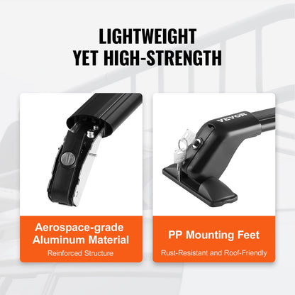 Universella takräckesstänger, förtjockade takräckesstänger i aluminium, passar taket utan sidoreling, 70 kg lastkapacitet, justerbara tvärbalkar för bart tak med lås, för SUV:ar, sedaner och skåpbilar