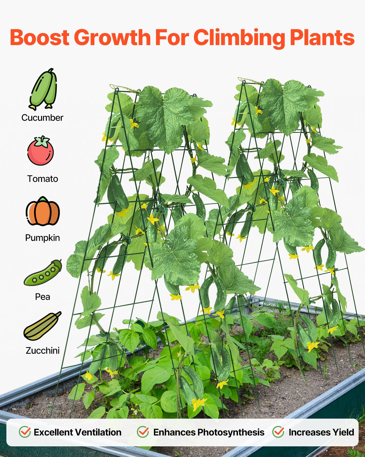 Cucumber Trellis for Climbing Plants, 39" x 32" Foldable Cucumber Trellis Set with Twist Ties, Metal Garden Trellis for Raised Bed, Outdoor Plant Grow Support for Tomato, Squash, Vegetable