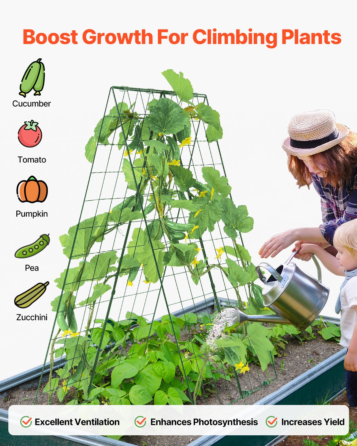 Cucumber Trellis for Climbing Plants, 46" x 32" Foldable Cucumber Trellis Set with Plant Clips, Metal Garden Trellis for Raised Bed, Outdoor Plant Grow Support for Tomato, Squash, Vegetable