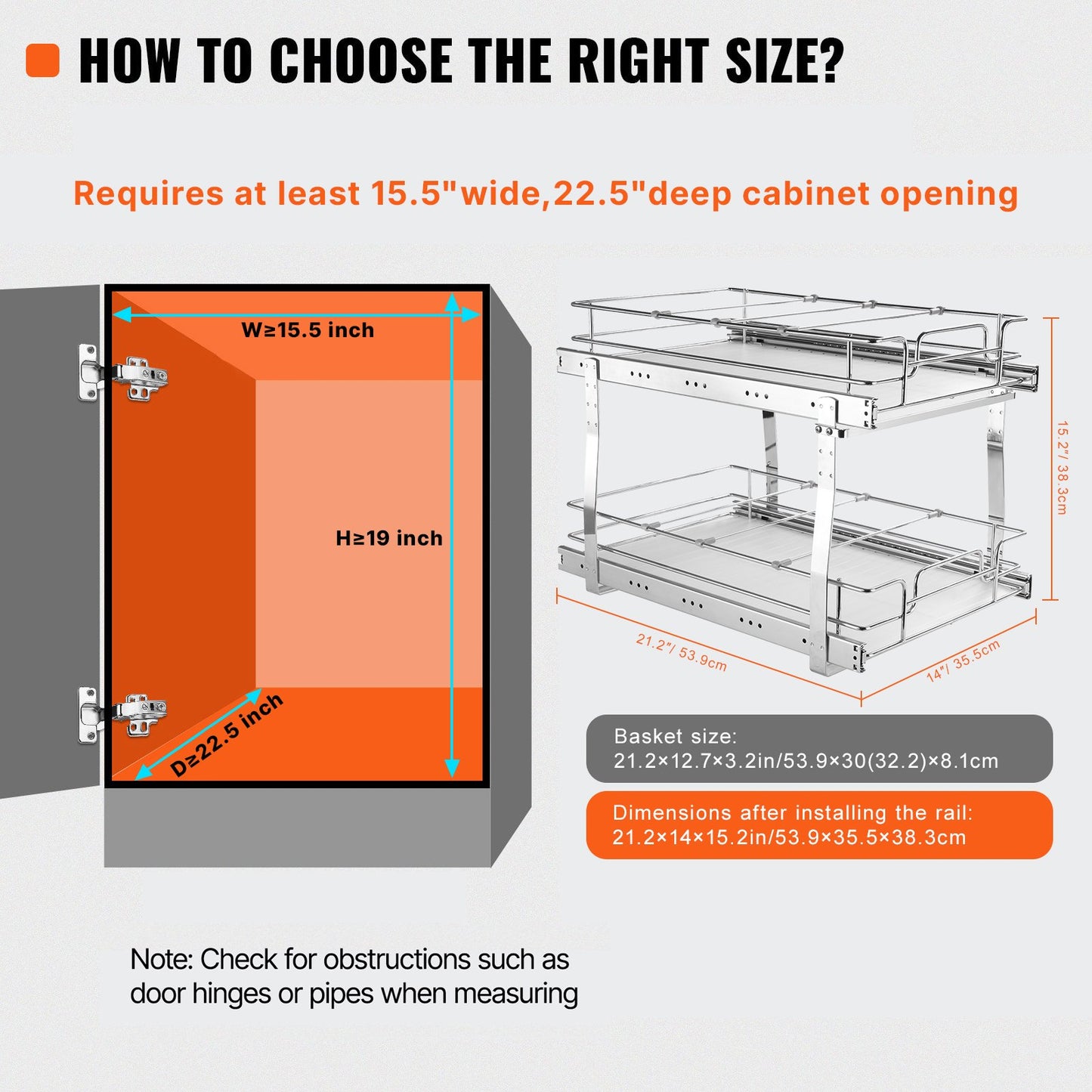 2 Tier 14"Wx21"Dx15"H Pull Out Cabinet Organizer, Heavy Duty Slide Out Pantry Shelves, Steel Roll Out Drawers, Sliding Drawer Storage for Home, 15.5"Wx22"Dx18"H Install Size for Cabinet