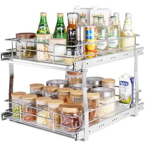 2 Tier 41 cm x 53.3 cm Pull Out Cabinet Organizer, Heavy Duty Slide Out Pantry Shelves, Chrome-Plated Steel Roll Out Drawers, Sliding Drawer Storage for Inside Kitchen Cabinet, Bathroom, Under Sink