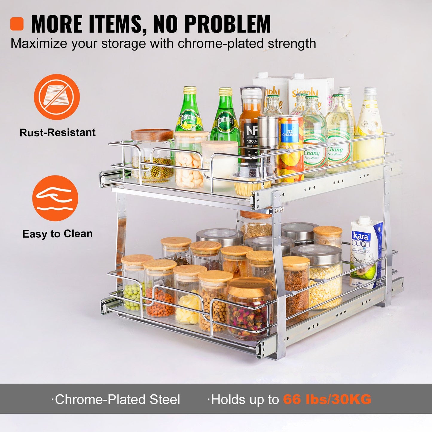 2 Tier 41 cm x 53.3 cm Pull Out Cabinet Organizer, Heavy Duty Slide Out Pantry Shelves, Chrome-Plated Steel Roll Out Drawers, Sliding Drawer Storage for Inside Kitchen Cabinet, Bathroom, Under Sink