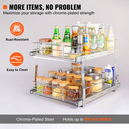 2 Tier 41 cm x 53.3 cm Pull Out Cabinet Organizer, Heavy Duty Slide Out Pantry Shelves, Chrome-Plated Steel Roll Out Drawers, Sliding Drawer Storage for Inside Kitchen Cabinet, Bathroom, Under Sink