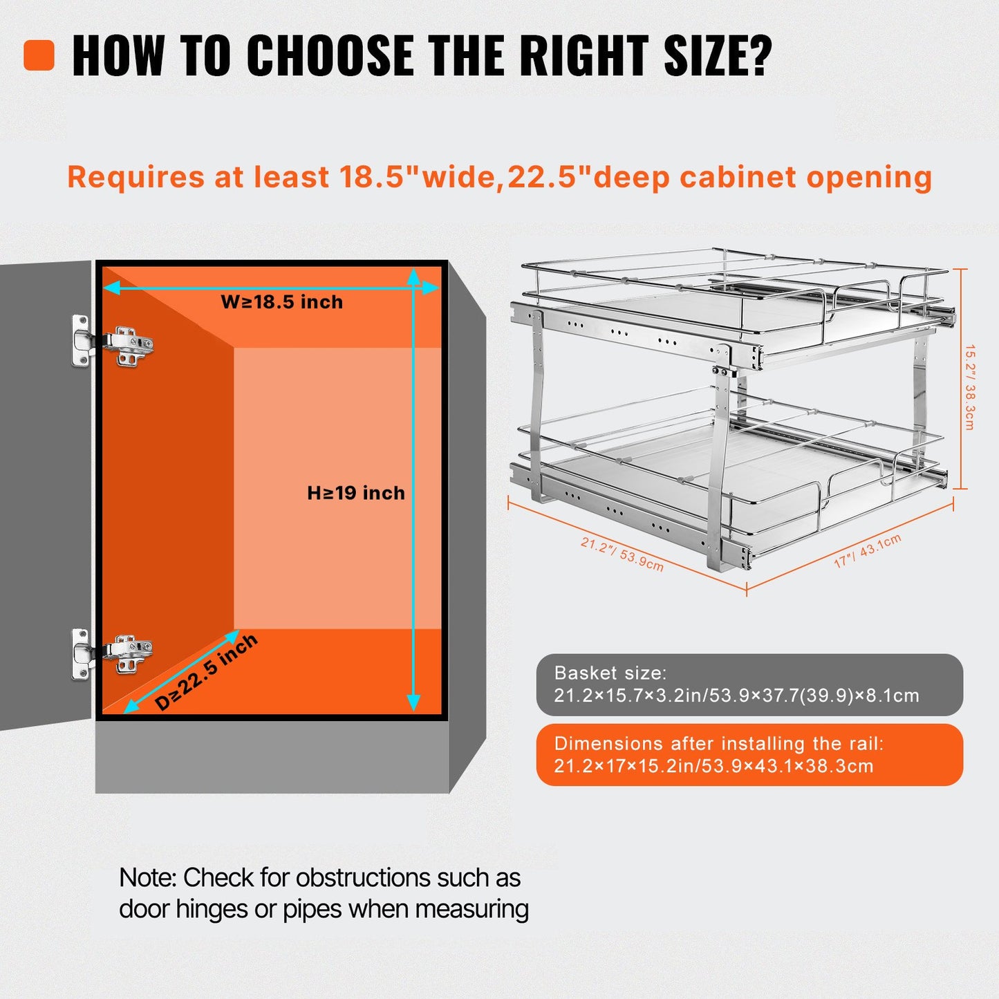 2 Tier 41 cm x 53.3 cm Pull Out Cabinet Organizer, Heavy Duty Slide Out Pantry Shelves, Chrome-Plated Steel Roll Out Drawers, Sliding Drawer Storage for Inside Kitchen Cabinet, Bathroom, Under Sink
