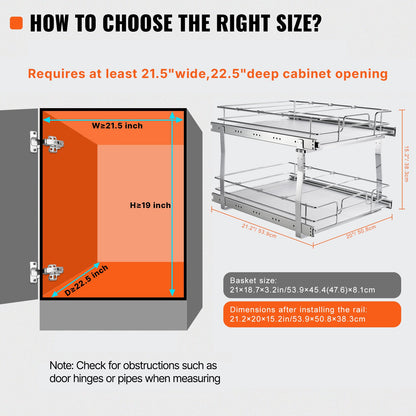2 Tier 20"Wx21"Dx15"H Pull Out Cabinet Organizer, Heavy Duty Slide Out Pantry Shelves, Steel Roll Out Drawers, Sliding Drawer Storage for Home, 21.5"Wx22"Dx18"H Install Size for Cabinet