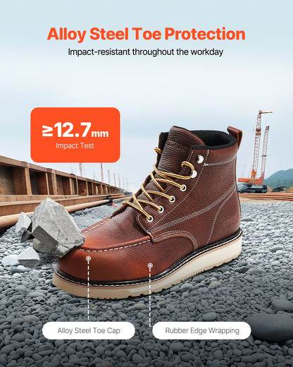 Steel Toe Work Boots, UK Size 10.5, Waterproof Moc Toe Work Boots for Men, Slip-Resistant Work Boot, Lightweight and Breathable EVA Rubber Sole Mens Boots for Industry Construction, Brown