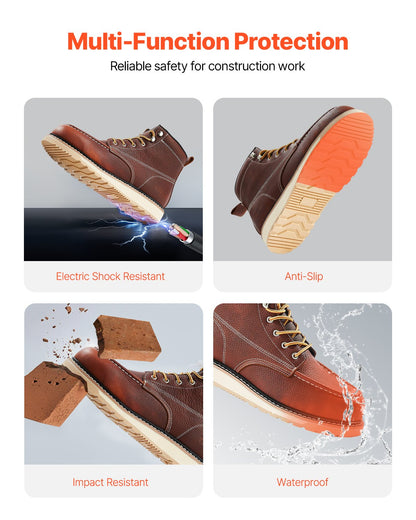 Steel Toe Work Boots, UK Size 10.5, Waterproof Moc Toe Work Boots for Men, Slip-Resistant Work Boot, Lightweight and Breathable EVA Rubber Sole Mens Boots for Industry Construction, Brown
