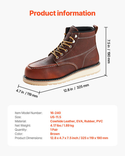 Steel Toe Work Boots, UK Size 10.5, Waterproof Moc Toe Work Boots for Men, Slip-Resistant Work Boot, Lightweight and Breathable EVA Rubber Sole Mens Boots for Industry Construction, Brown